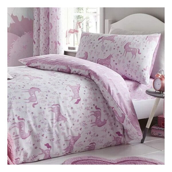 Folk Unicorn Single Duvet Set Pink